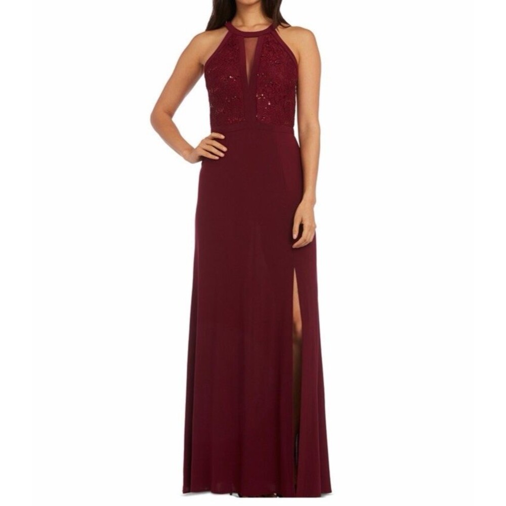 Nightway Size 10 Merlot Red High Neck Sequin Lace Maxi Dress Hoco‎ Event Gown